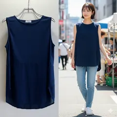 美品✨ インポートアンドセレクト Import & Select タンクトップ チュニック インナー レディース Mサイズ 異素材 切り替え 無地 薄手 透け感 シアー シースルー ノースリーブ シンプル きれいめ 通勤 大人カジュアル ベーシック 上品 紺