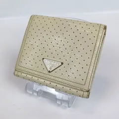 PRADA プラダ 三つ折り財布 パンチング ライトグリーン系 三角ロゴプレート コンパクトウォレット ミニ財布 レディース 中古 ブランド レザー