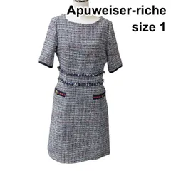 ◆ アプワイザーリッシェ Apuweiser-riche ワンピース 膝丈 半袖 ボートネック ファンシーツイード 水色他 綿混 1 S 7号 レディース H6A026