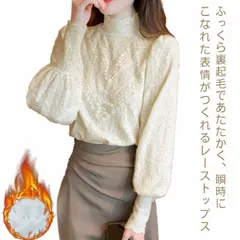 レーストップス 裏起毛 ハイネック ブラウス プルオーバー 総レース シアー 透け感 長袖 タートルネック ボリュームスリーブ 切り替え レースブラウス カットソー フェミニン インナー オフィス 通#nin0111