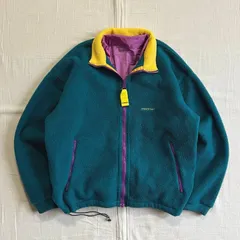 80s　vintage　丸文字タグ　mont-bell　polarplus　フリースジャケット×ウインドブレーカー　一体型　ギミック　フルジップアップ　襟付きブルゾン　ロゴ刺繍　ジップポケット　グリーン×パープル×イエロー　アウトドア　C-BOY　Y2K