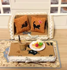 猫デザインのミニチュアソファ－樹脂手作りケーキ・パピオカ6点セット