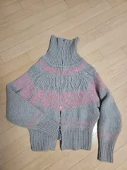 ニット ジップアップ カーディガン グレー ピンク パターン 厚手