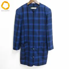 #w クリスチャンディオール Christian Dior ノーカラー ジャケット 9 青 黒 チェック ウール 100％ ヴィンテージ レディース [948660] k01
