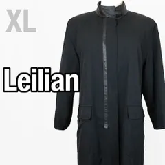 Leilian レリアン スタンドカラー ロングジャケット 合成皮革トリム 7分袖 ブラック L〜XL 百貨店ブランド 高級キュプラ裏地 羽織り コート レディース