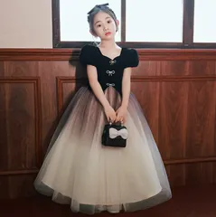 【特価】子供ドレス ブラック 誕生日 ピアノ発表会ドレス 黒 パフスリーブ 可愛い ドレス 半袖 ちょう結び グラデーション入園式 卒園式 入学式 結婚式02255882