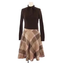 ブルーレーベルクレストブリッジ BLUE LABEL CRESTBRIDGE フレアワンピース ひざ丈 ニット 切替 長袖 チェック柄 ウール ボウタイ 38 茶 ブラウン /BB