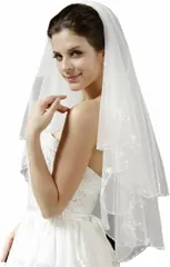 Quikaboo ウェディングベール 花嫁ベール ショート丈 レース 2層 コーム付き ブライダルベール 結婚式 前撮り (ホワイト,  80cm前/100cm後)