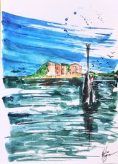 原画#198 黒猫 猫 マルタ共和国 海 地中海 水彩画 ドローイング