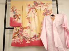 平和屋着物[]七五三 女の子 ７歳 祝着 四つ身 長襦袢(無双仕立・半衿刺繍)セット 友禅 束ね熨斗花手毬文 暈し染め 金銀彩 逸品 AABE2244ja