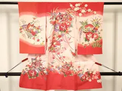 平和屋着物[]お宮参り　女の子　祝着　産着　初着　のしめ　糸車　雪輪几帳御所車花文　暈し染め　金銀彩　逸品　DAAY3417ma