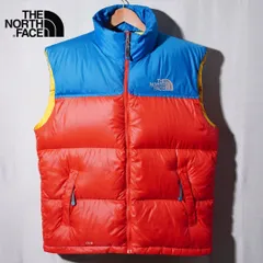 ノースフェイス ヌプシ ダウンベスト L レッド ブルー イエロー THE NORTH FACE 700フィル ストリート Y2K ダウン ロゴ刺繍 マウンテンジャケット オーバーサイズ 古着 Y101