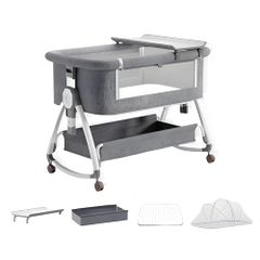 Folding, Portable Baby Crib with Diaper Changing Function, Compact Storage, High-Quality Steel Construction, 6 Adjustable Heights, Rocking Function, Breathable Mesh, Washable Mattress, Casters, and Mosquito Net. Includes Storage Bag. Cloud Gray. Perfect for Home or Travel.