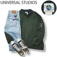 90s ヴィンテージ USA製 ユニバーサルスタジオ UNIVERSAL STUDIOS スタンドカラー プルオーバー スウェット 裏起毛 刺繍 ロゴ XL グリーン x チェック柄 アメカジ メンズ