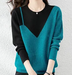 【ブルー】レディース ニット セーター 長袖 配色 バイカラー トップス 秋冬 きれいめ カジュアル 体型カバー