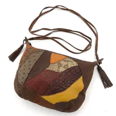 【美品】イビザ IBIZA ショルダーバッグ 巾着 パッチワーク レザー 茶 タッセル