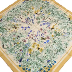 HERMES(エルメス) スカーフ美品  カレ90 イエロー×ライトグリーン×マルチ LA PRAIRIE/昆虫/花 シルク