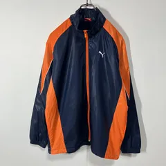 PUMA プーマ ロゴ 刺繍 プリント 切替 ポケット 裏地フリース ラグラン フルジップ ジャンパー ネイビー オレンジ 160