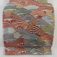 【美品】 袋帯 名品 砂金綴 唐織 波 桜 刺繍 箔 ベージュ 六通 正絹 【中古】