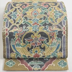 【美品】 袋帯 名品 落款 草花 幾何学模様 箔 黒灰 お太鼓柄 正絹 【中古】