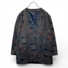 【古着】 ヴィンテージ 総柄 ノーカラージャケット パッチワーク風 ダークカラー 昭和レトロ ノーカラー 幾何学模様 ダークトーン