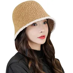 【新品】 [Alicret] 帽子 レディース ハット レディース おしゃれ 秋冬用 防寒 バケットハット 暖かい サイズ調節 バケハ レディース モコモコ 深め 保温 小顔 おしゃれ もこもこ帽子 アウトドア 吸汗排湿 女優 （カーキ&ホワイト） 0