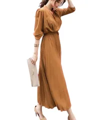 [Lunenon Soleil] 【上品な美しさ】 レディース ロング ワンピース プリーツ シャツワンピース ウエストゴム 着痩せ 上品 通勤 通学 結婚式 パーティー 春 秋 冬 ブラック キャラメル ライトグレー S-2XL 20 [キャラメル] [S]