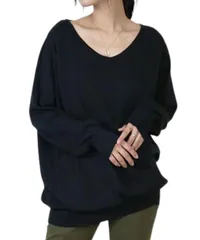 [Four leaf] Vネック ニット レディース セーター 長袖 コットン100％ 体型カバー ゆったり 無地 トップス カジュアル 秋冬 春 9色展開 M-2XL (JP, アルファベット, XL, ブラック) [ブラック] [XL]