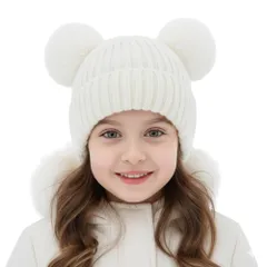 [ReiLuana] 帽子 子ども ベビー ニット帽 ポンポン 耳当て 防寒 冬 ふわふわ かわいい 女の子 男の子 (JP, アルファベット, Free Size, ベージュ) [ベージュ] [Free Size]