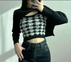ハウンドトゥース 半袖 カーディガン ブラック ニットセット