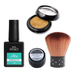 【フォロー割】セルフネイル ジェルネイル アートセット お得セット ミラーネイル ニュアンスネイル ネイルセット 新品 ネイルブラシ アイシングジェル マットトップ ミラーパウダー (ゴールド) 4点セット ミラーネイルセット NAILREPUBLIC