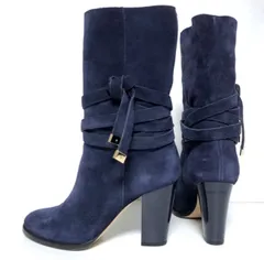 早い者勝ち！ナイスカラー！早い者勝ち！JIMMY CHOO ジミーチュウ スエード ラップブーツ 38（24.5-25㎝位）紺 ネイビー リボン 本革 レディース　2A51