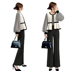【新品】 [DYIOPMFGZ] セットアップ パンツスーツ レディース 2点セット フォーマルウェア ジャケット ワイドパンツ 上下セット アウター 羽織り ズボン オフィスウェア 長袖 ママ母 セレモニー 通勤 OL 入学式 春夏秋冬 (ベージュ+ブラ 0