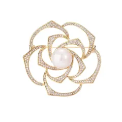 【新品】 ジルコン真珠カメリア花ブローチ ダイモンド薔薇花コサージュ女性用 結婚式卒業式入学式発表会面接お祭り胸飾り お誕生日記念日母の日クリスマスなどの女性への贈り物 ギフトケース付き (ゴルード1) 1
