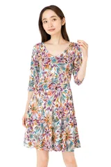 ファス(FAS)ワンピース T2 T3 T4サイズ 5袖 膝丈  花柄 Vネック ジャージー生地 Aライン きれいめワンピース レディース FilleASuivre