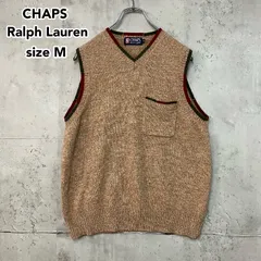 CHAPS Ralph Lauren チャップス ラルフローレン ニットベスト ウール100% Mサイズ ベージュ ブラウン 総柄 Vネック ポケット付き CHAPS Ralph Lauren 刺繍タグ ヴィンテージ 90s ★ ◇■