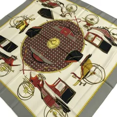 HERMES(エルメス) スカーフ美品  カレ90 白×グレー×マルチ LES VOITURES A TRANSFORMATION(畳み式幌馬車)/馬車 シルク