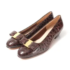 ■美品■Salvatore Ferragamo サルヴァトーレフェラガモ パンプス サイズ5 1/2 C ヴァラリボン クロコ型押し チャンキーヒール レザー 靴 イタリア製 ブランド古着【中古】20250604/RA4883