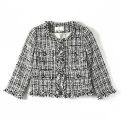 エムプルミエブラック M-premier BLACK ジャケット ツイードジャケット フリンジ フェイクポケット サイドポケット 黒 白 36サイズ 982168 