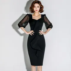 タイトワンピース 即購入OK パーティードレス ワンピースドレス シースルー裾 フリル デザイン性 ひざ丈 ワンピース 40代50代 Vネック エレガント ミドル丈 ミディアム丈 お嬢様 セクシー パフスリーブ 5分袖 お嬢様 OL 上品 erda31