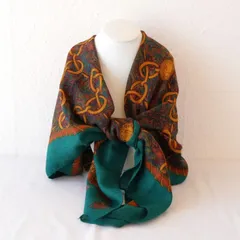 [KO]シルクスカーフ　LANCEL　PARIS　チェーン柄　緑　ランセル　グリーン　絹　大判