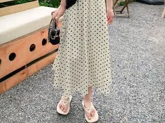 ドット柄  ロング スカート 春夏服 ボトムス　ホワイト　003760F