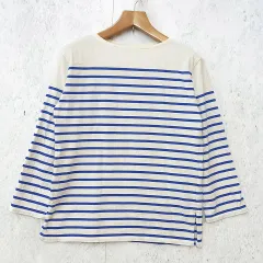 UNIQLO ユニクロ ボーダーTシャツ オーバーサイズ サイドスリット クルーネック 長袖 ホワイト ブルー Lサイズ ◎_〇□