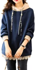3MDGHD レディース パーカー 裏起毛 スウェット トレーナー フード 付き トップス かわいい 暖かい 防寒 裾 レース ぱーかー すうぇっと とれーなー とっぷす 可愛い カワイイ あたたかい 温かい (ブルー,  L)