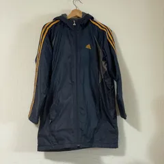 アディダス 裏ボア ベンチコート 160 ネイビー×オレンジ(ゴールド系) 暖か フード付 ジュニア レディース adidas 防寒　スポーツ観戦