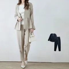 ベージュ ペプラム パンツスーツ フォーマル 七五三 セットアップ フリル オフィス 通勤 セレモニー 卒業 入学 フェミニン