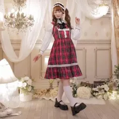 しまむら 愛野えり シャーロットの水曜日 配色レースボリュームベロアリボンジャンスカ 3L 大きいサイズ レディース 赤 レッド チェック ワンピース コラボ ロリータ フリル リボン ガーリー 管理番号：1900-1647
