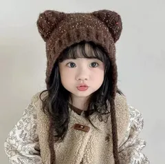 子供帽子 秋冬 ニット帽 くま 耳あて付き ひも付き ベビー帽子 男女兼用　bu１
