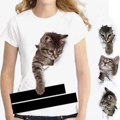 可愛い 3D 男女兼用 白 レディースTシャツ 半袖 3D Tシャツ おもしろ 面白 レディース ねこ レディースTシャツ かわいい#anyki25533