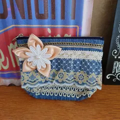 34★USEDデニムリメイク★マルチポーチ★コインケース★財布★カード入れ★小物入れ★レース飾り★